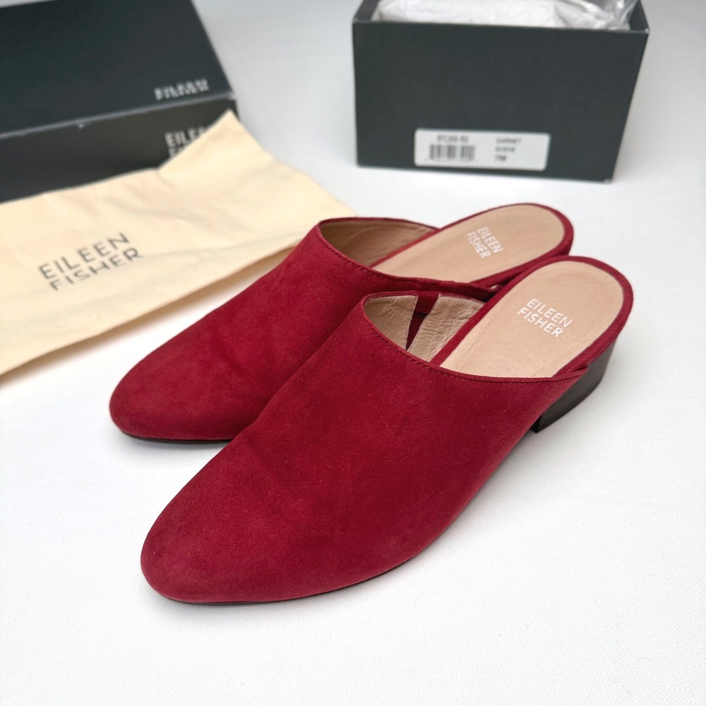 Eileen Fisher Sylvia Suede Mules Garnet Red 7M Capsule Career Luxury Chic - Picture 10 of 11